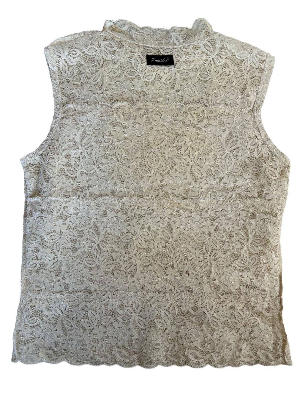 Pretika Lace Mock Neck Sleeveless Top – Cream Floral Lace Y2K Romantic Blouse - Picture 11 of 13